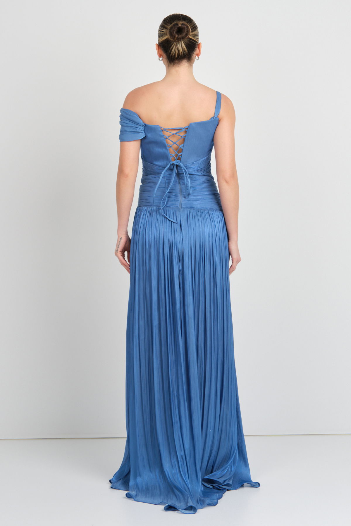 Mor Sposa Kadın Tek Kol Detaylı Derin Yırtmaçlı Şifon Abiye Elbise W0182 Indigo - 4