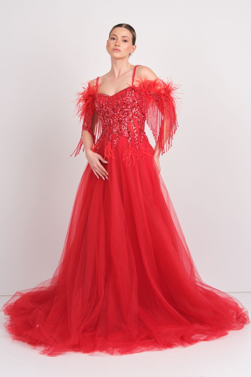 Mor Sposa Kadın Üst Full Taşlı Alt Tül Kabarık Model Maxi Abiye Elbise M100 Kırmızı - 1