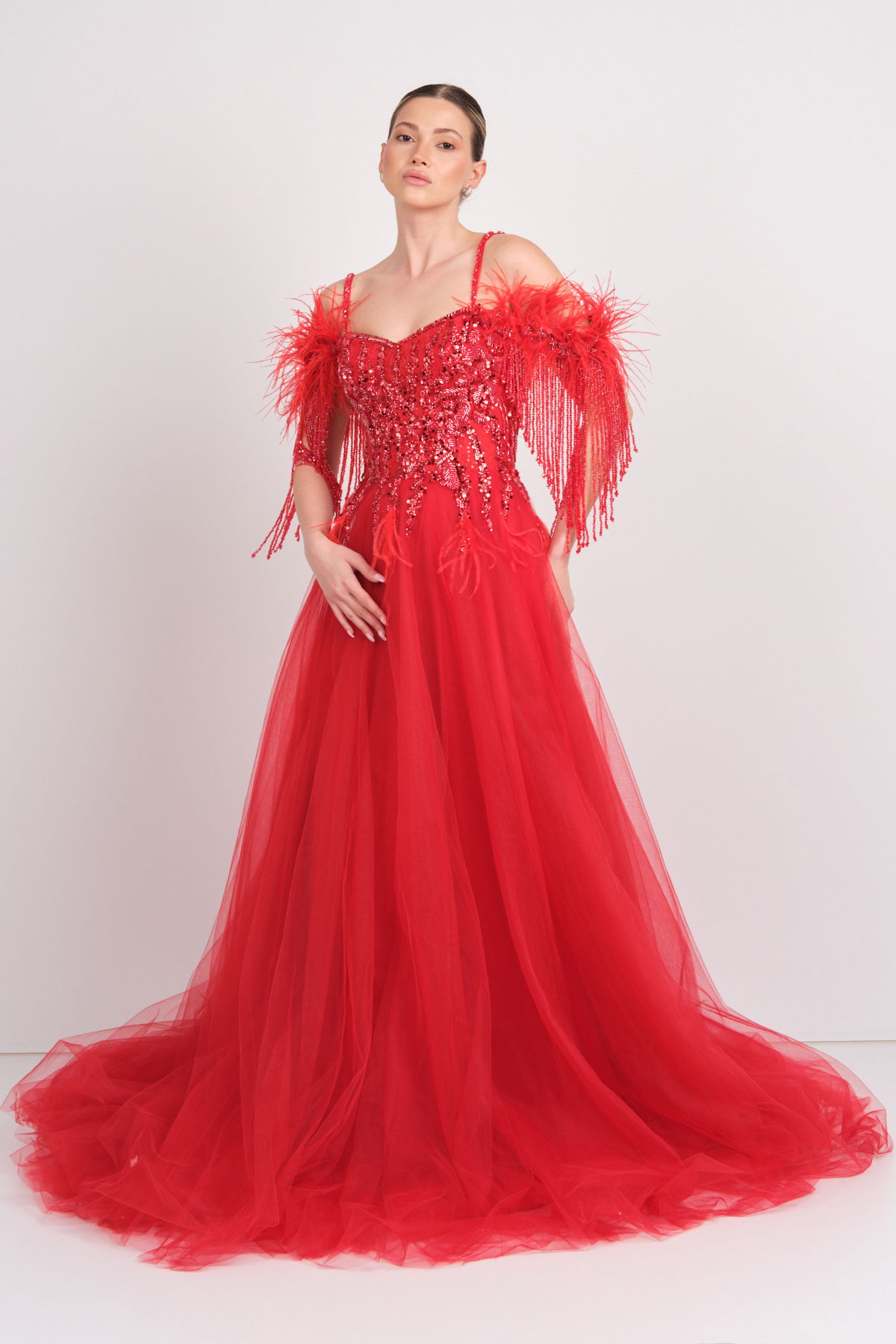 Mor Sposa Kadın Üst Full Taşlı Alt Tül Kabarık Model Maxi Abiye Elbise M100 Kırmızı - 1