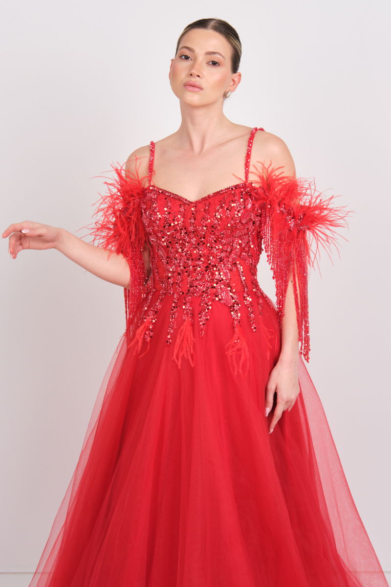 Mor Sposa Kadın Üst Full Taşlı Alt Tül Kabarık Model Maxi Abiye Elbise M100 Kırmızı - 2