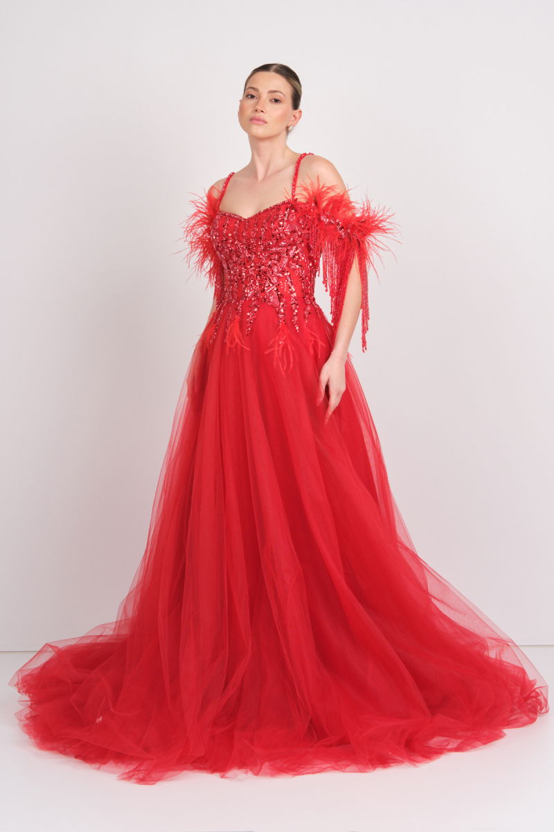 Mor Sposa Kadın Üst Full Taşlı Alt Tül Kabarık Model Maxi Abiye Elbise M100 Kırmızı - 3