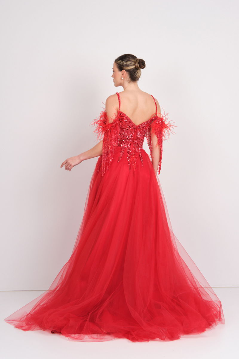 Mor Sposa Kadın Üst Full Taşlı Alt Tül Kabarık Model Maxi Abiye Elbise M100 Kırmızı - 4