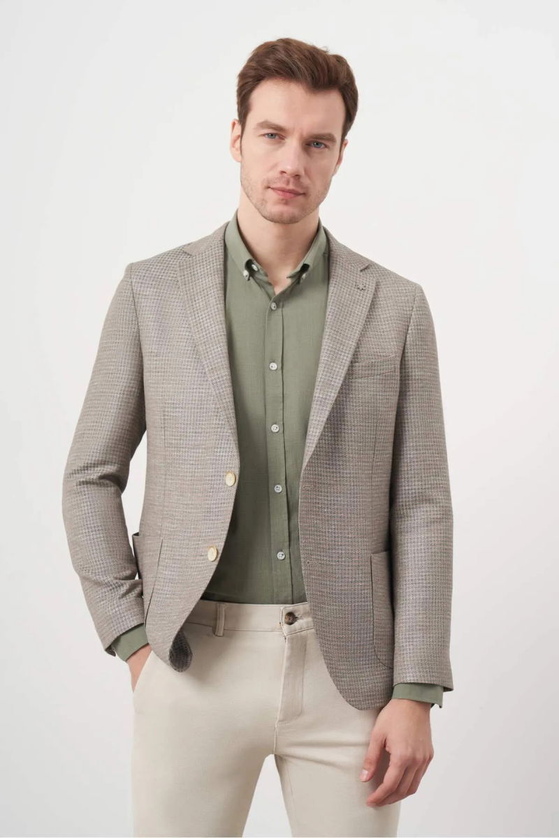 Morven Erkek Dokuma Slim Fit Torba Cep Mono Yaka Spor Ceket 2002 Bej - 1