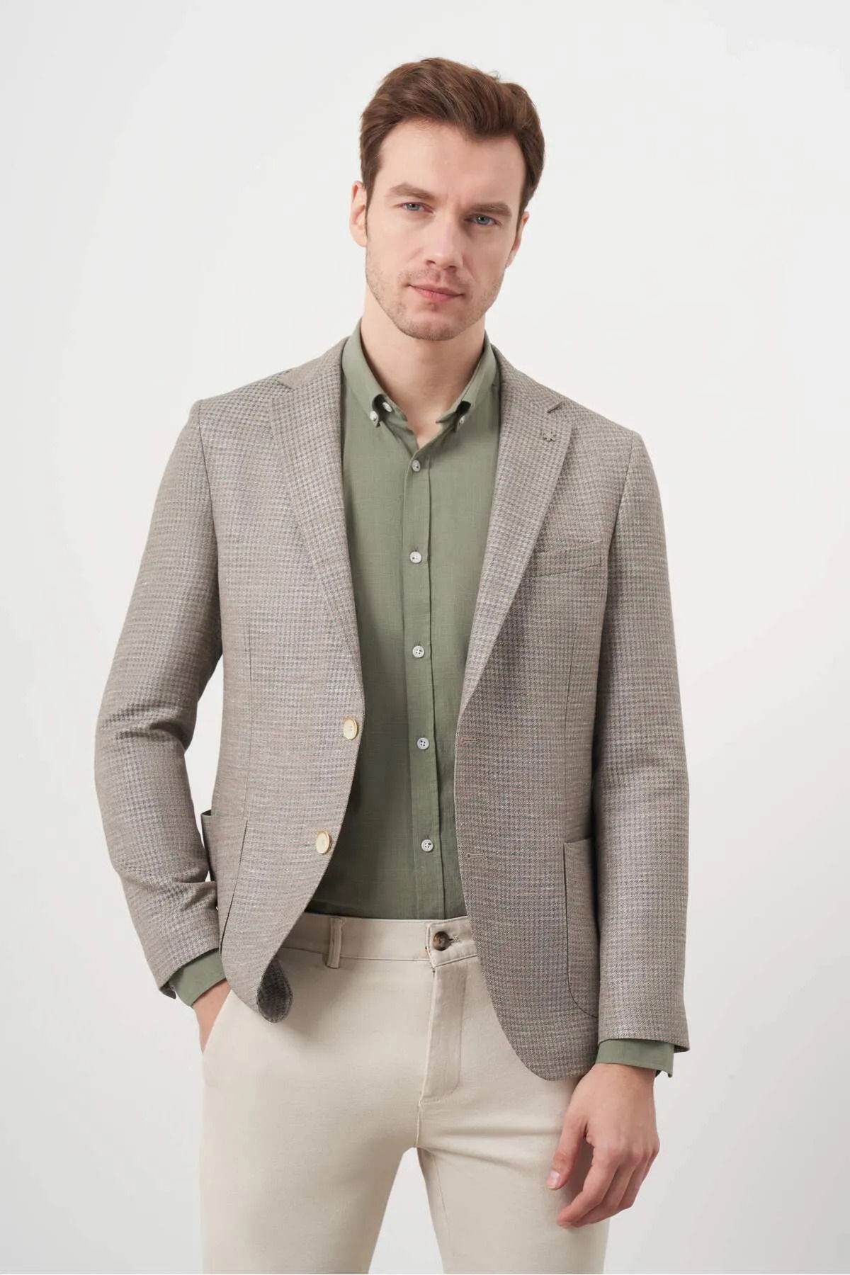 Morven Erkek Dokuma Slim Fit Torba Cep Mono Yaka Spor Ceket 2002 Bej - 1