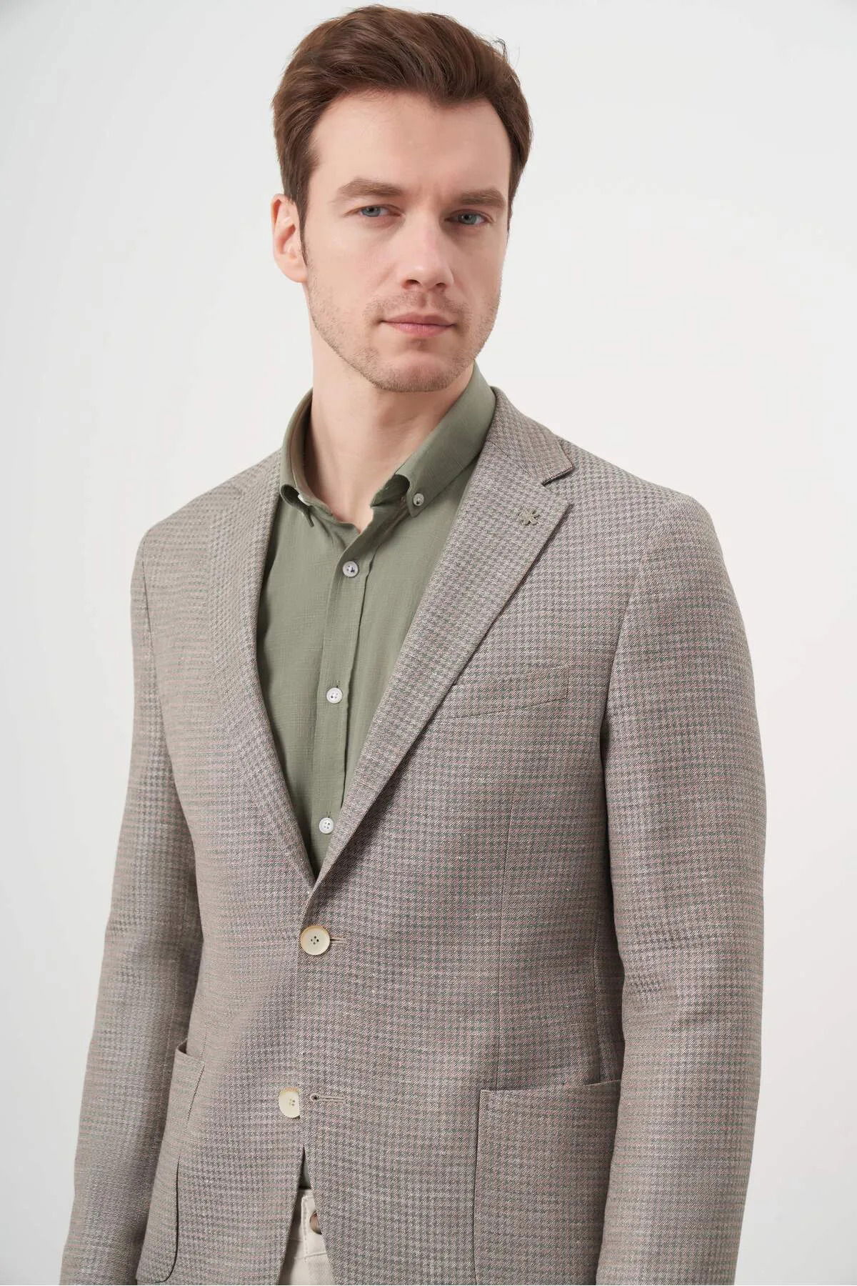 Morven Erkek Dokuma Slim Fit Torba Cep Mono Yaka Spor Ceket 2002 Bej - 2