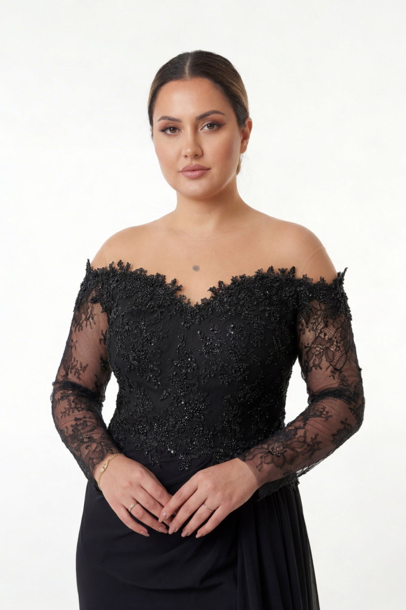 Ömür Inn Kadın Büyük Beden Kayık Yaka Kolları Dantelli Uzun Abiye Elbise 6639 Siyah - 2