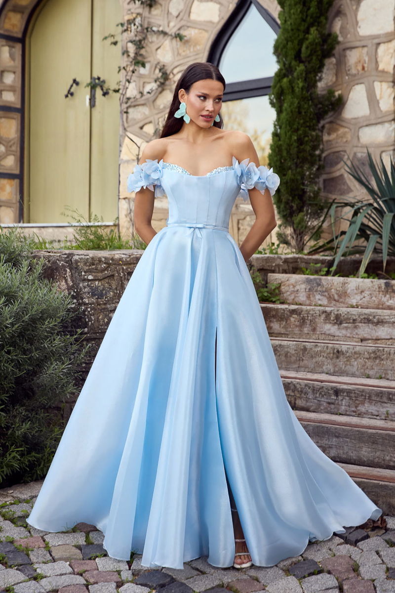 Ömür Inn Kadın Göğüs Kısmı Taş İşlemeli Korsajlı Uzun Abiye Elbise 6471 Bebe Mavisi - Ömür Inn