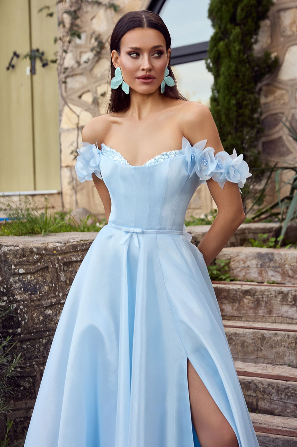 Ömür Inn Kadın Göğüs Kısmı Taş İşlemeli Korsajlı Uzun Abiye Elbise 6471 Bebe Mavisi - 2