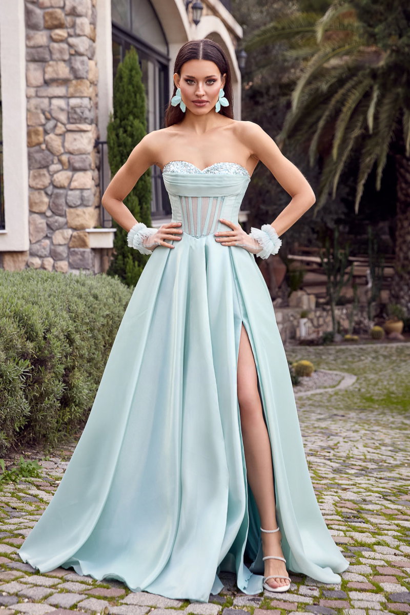 Ömür Inn Kadın Göğüs Kısmı Taş İşlemeli Straplez Uzun Abiye Elbise 6469 Çağla - Ömür Inn