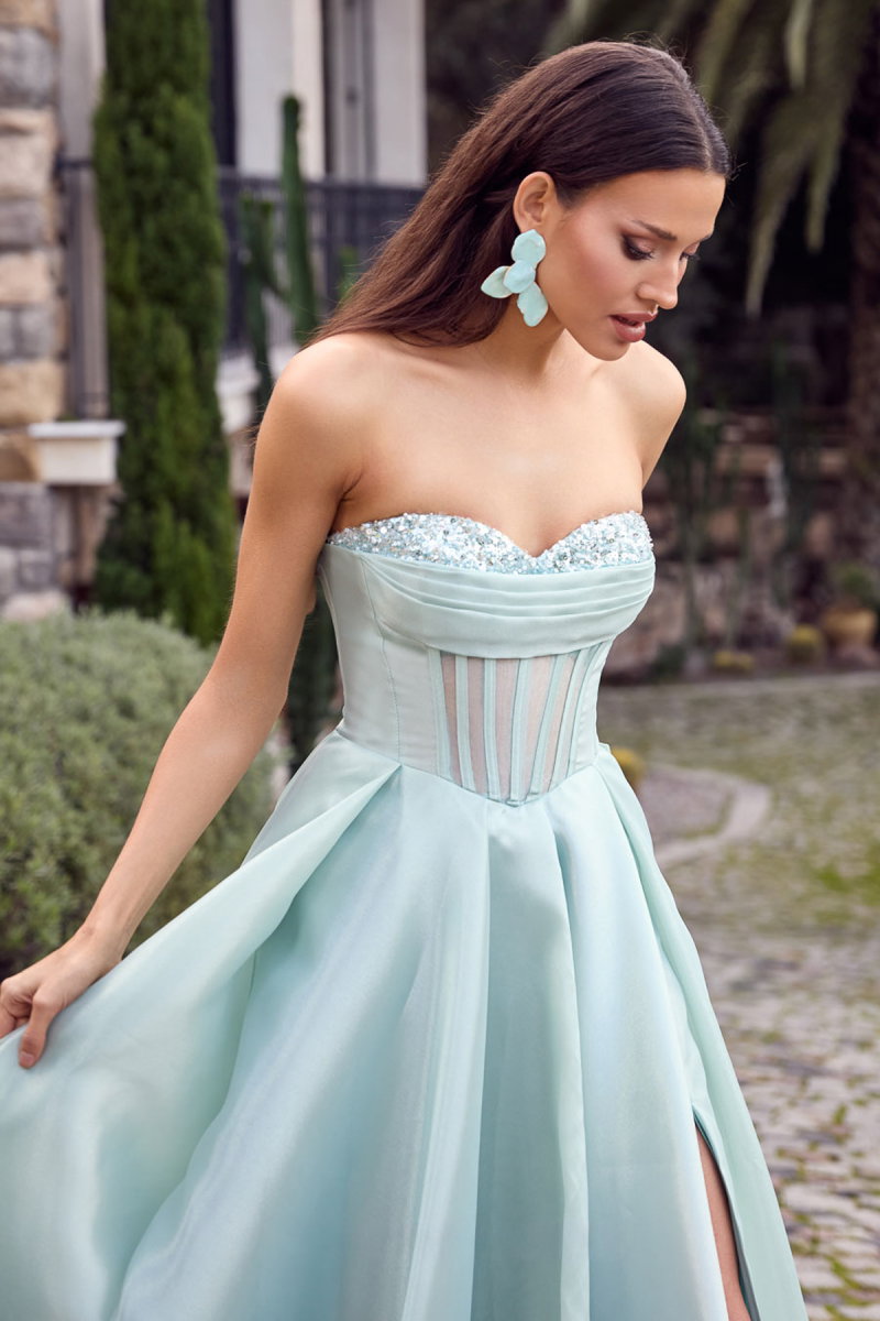 Ömür Inn Kadın Göğüs Kısmı Taş İşlemeli Straplez Uzun Abiye Elbise 6469 Çağla - 2