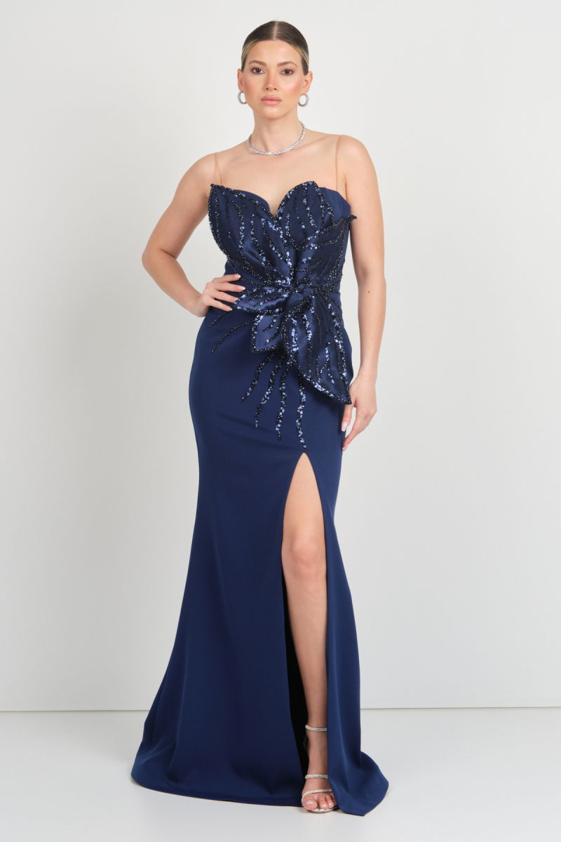 Ömür Inn Kadın İnci ve Payet İşlemeli Derin Yırtmaçlı Uzun Abiye Elbise 5520 Lacivert - Ömür Inn