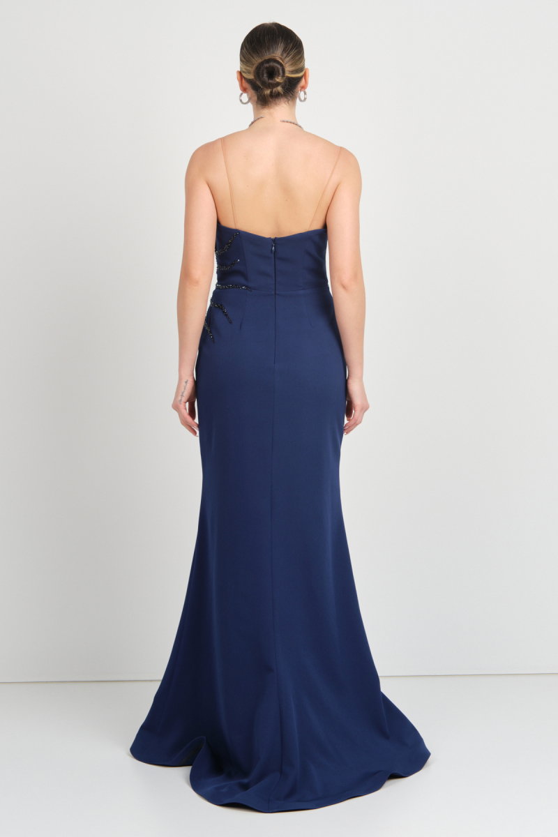 Ömür Inn Kadın İnci ve Payet İşlemeli Derin Yırtmaçlı Uzun Abiye Elbise 5520 Lacivert - 5