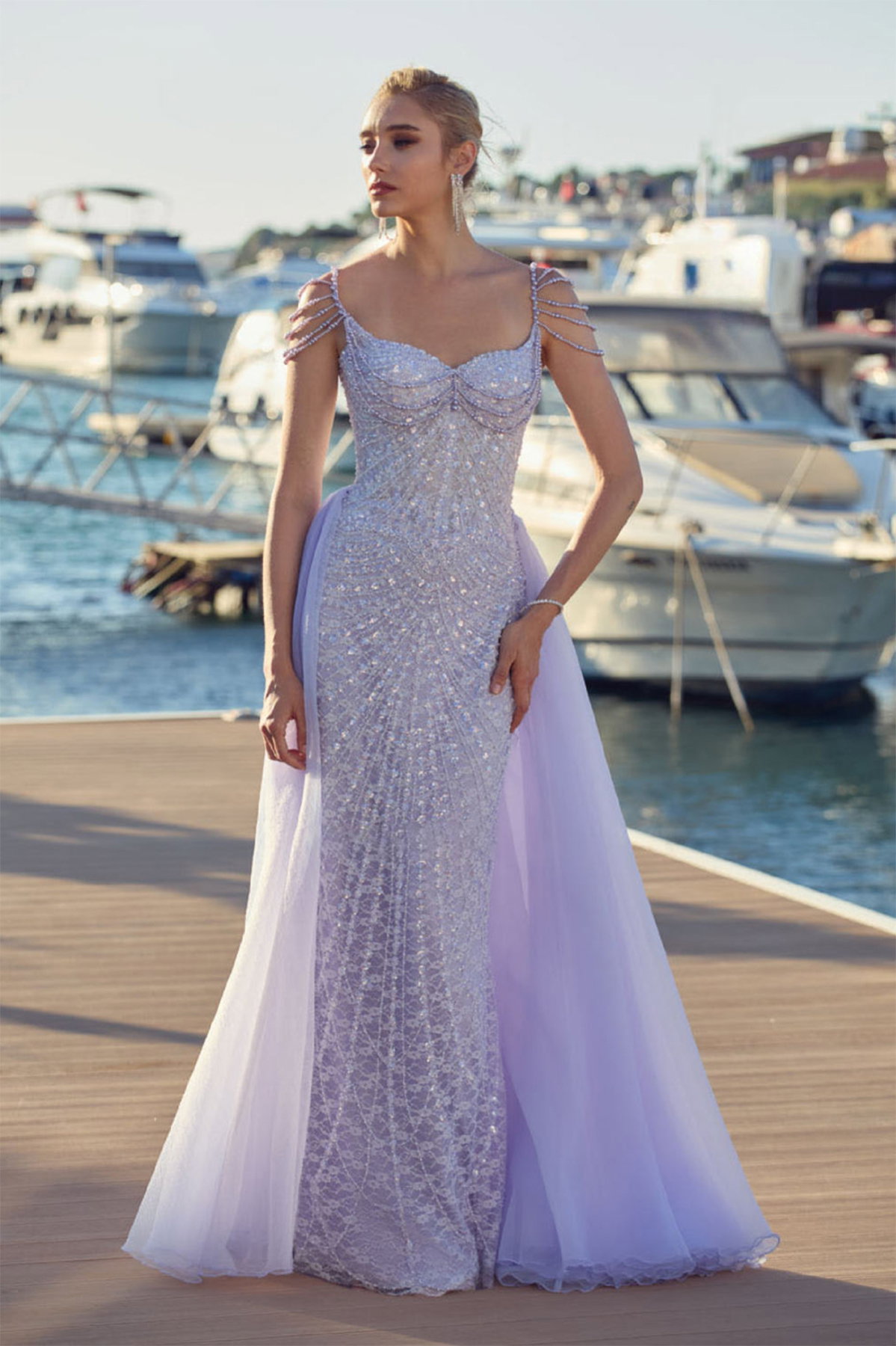 Ömür Inn Kadın İp Askılı Taş ve Boncuk İşlemeli Balık Form Abiye Elbise 6688 Leylak - 1