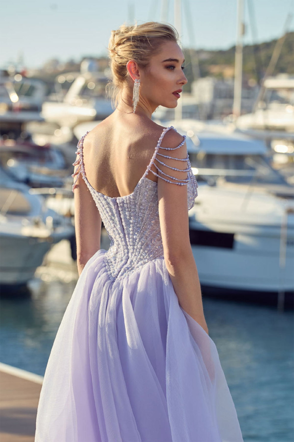 Ömür Inn Kadın İp Askılı Taş ve Boncuk İşlemeli Balık Form Abiye Elbise 6688 Leylak - 3