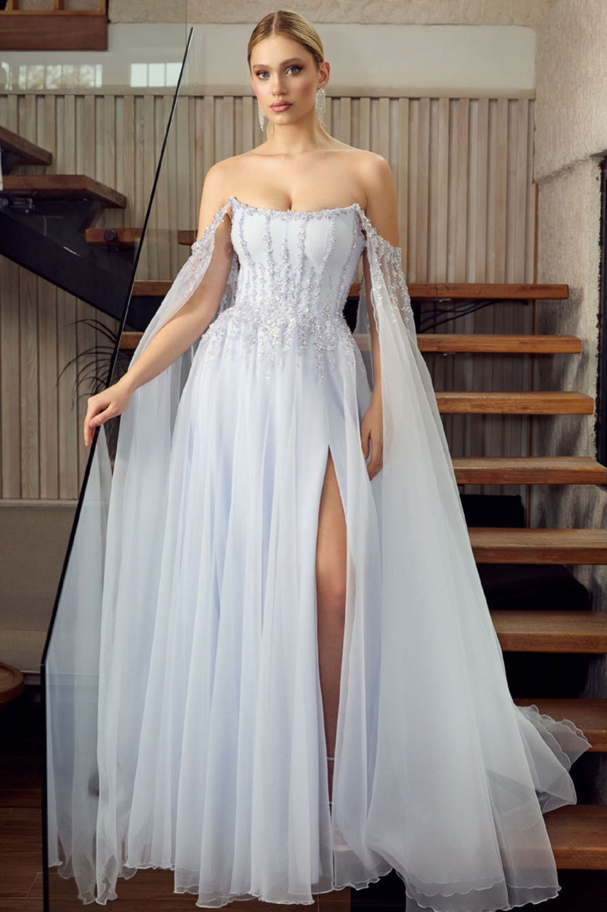 Ömür Inn Kadın Straplez Payet İşlemeli Kolları Pelerin Detaylı Uzun Abiye Elbise 5584 Buz Mavi - 1