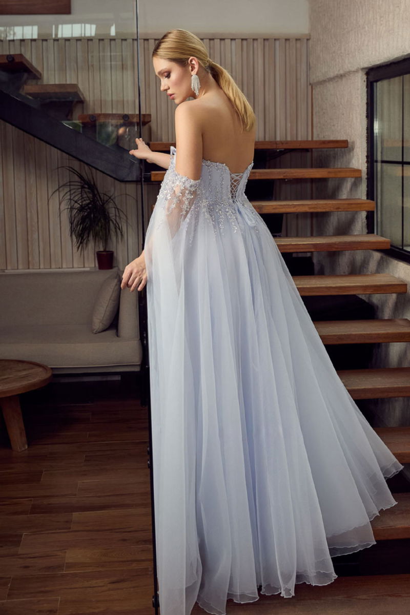 Ömür Inn Kadın Straplez Payet İşlemeli Kolları Pelerin Detaylı Uzun Abiye Elbise 5584 Buz Mavi - 3