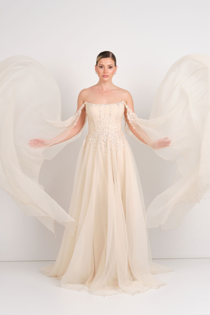 Ömür Inn Kadın Straplez Payet İşlemeli Kolları Pelerin Detaylı Uzun Abiye Elbise 5584 Şampanya - Ömür Inn