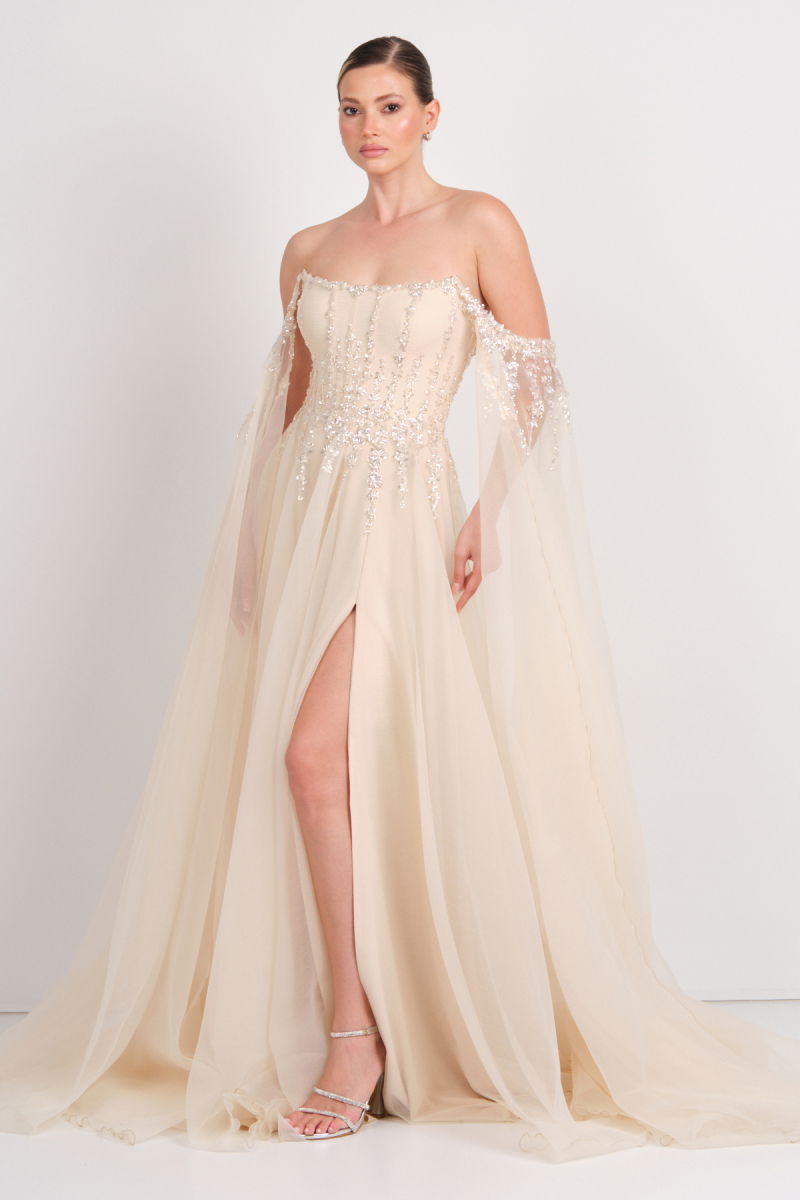 Ömür Inn Kadın Straplez Payet İşlemeli Kolları Pelerin Detaylı Uzun Abiye Elbise 5584 Şampanya - 2