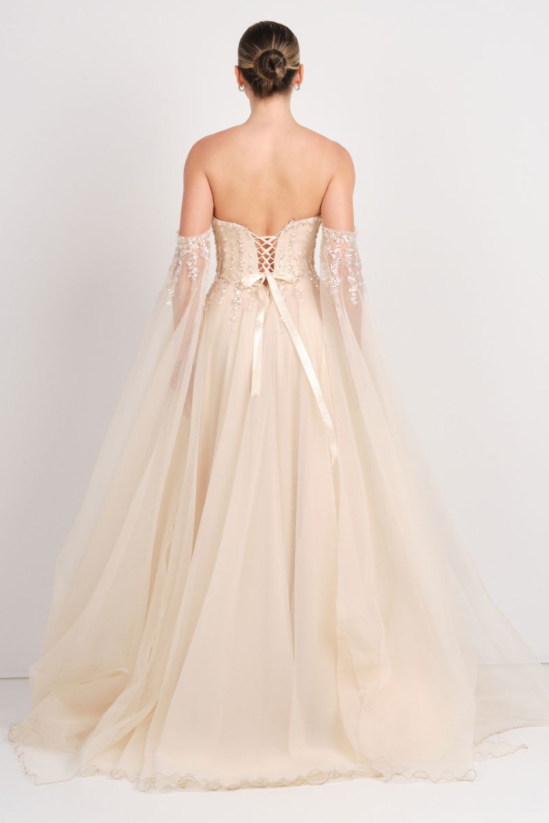 Ömür Inn Kadın Straplez Payet İşlemeli Kolları Pelerin Detaylı Uzun Abiye Elbise 5584 Şampanya - 5