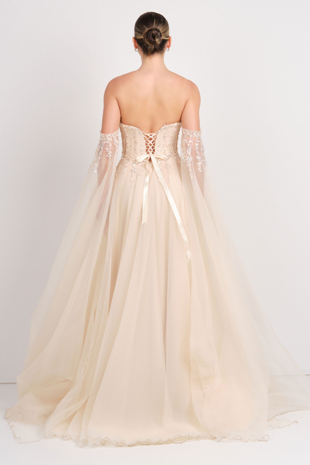 Ömür Inn Kadın Straplez Payet İşlemeli Kolları Pelerin Detaylı Uzun Abiye Elbise 5584 Şampanya - 5