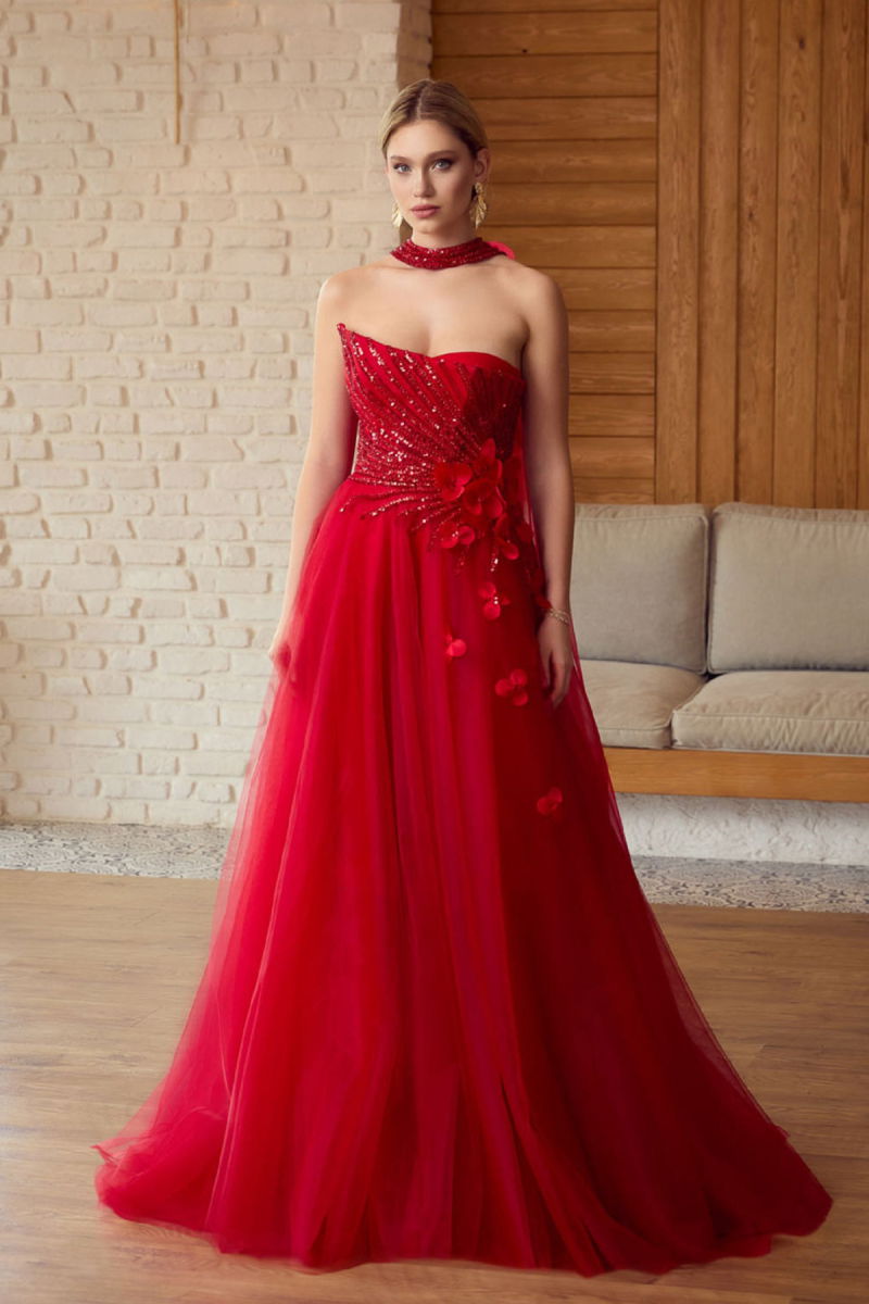 Ömür Inn Kadın Straplez Payet İşlemeli Uzun Abiye Elbise 6694 Kırmızı - Ömür Inn