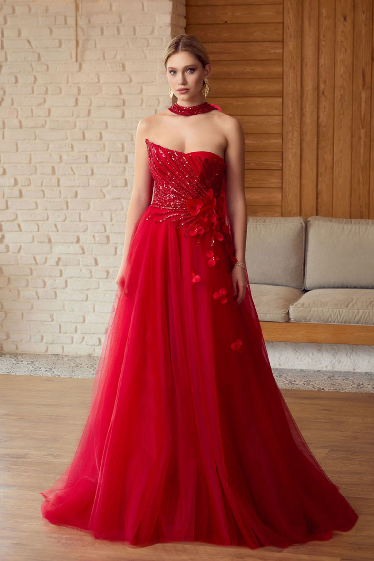 Ömür Inn Kadın Straplez Payet İşlemeli Uzun Abiye Elbise 6694 Kırmızı - 1