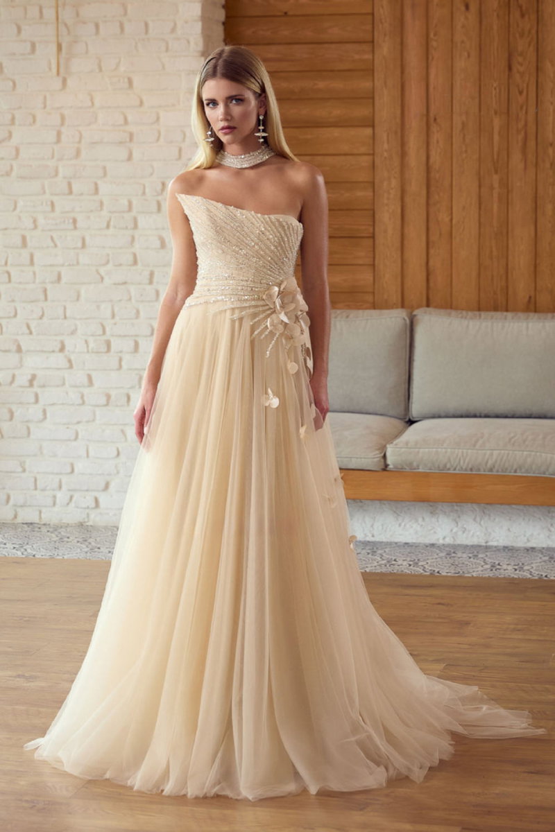 Ömür Inn Kadın Straplez Payet İşlemeli Uzun Abiye Elbise 6694 Şampanya - Ömür Inn