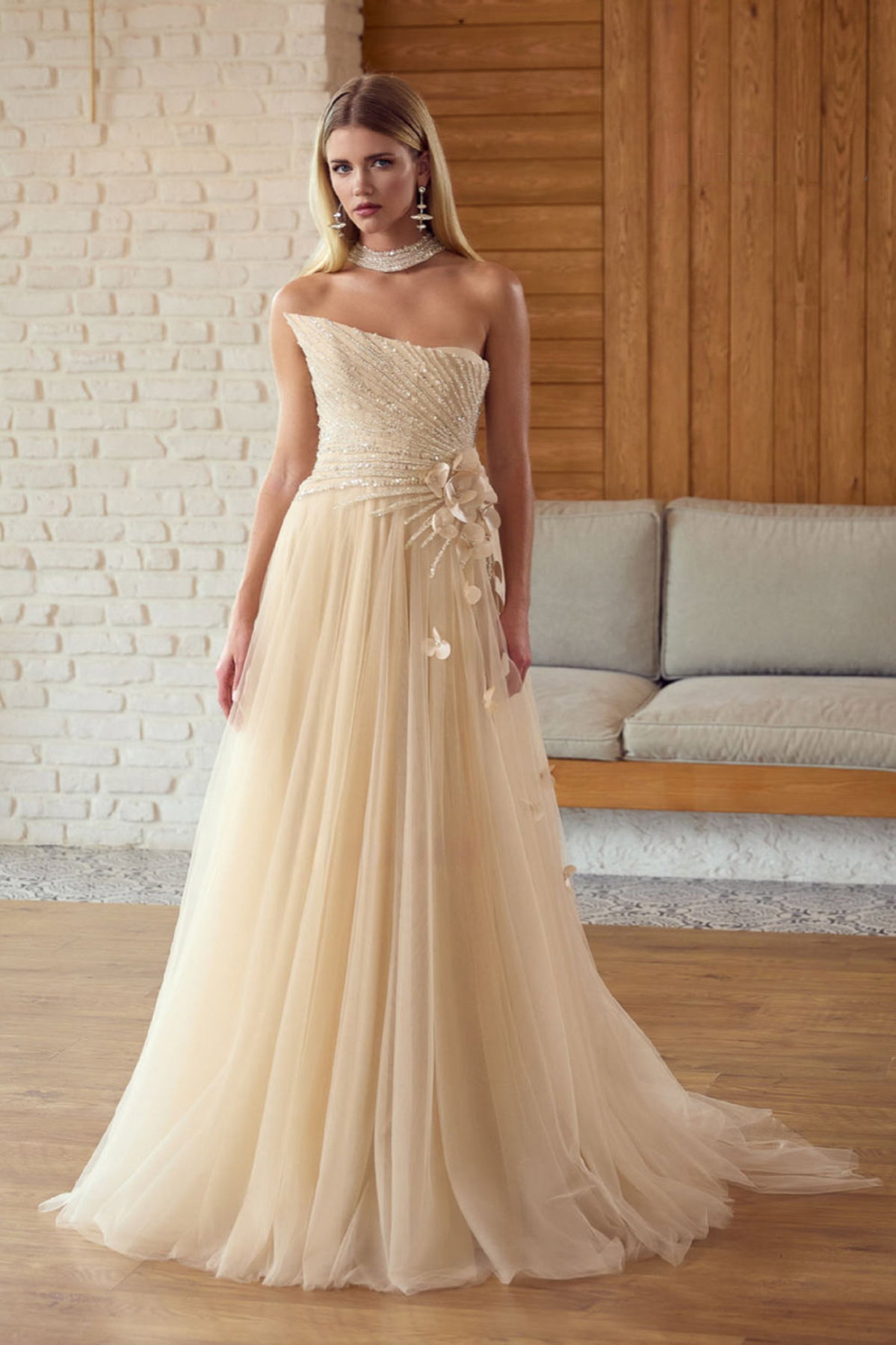 Ömür Inn Kadın Straplez Payet İşlemeli Uzun Abiye Elbise 6694 Şampanya - 1