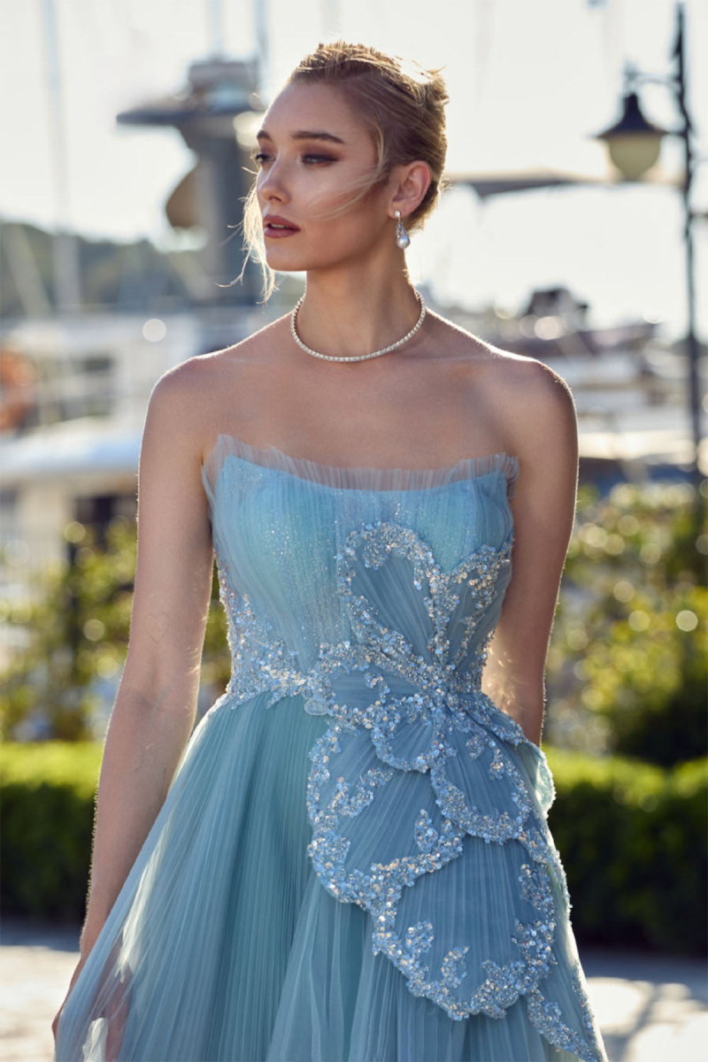 Ömür Inn Kadın Straplez Plise Detaylı Uzun Tül Abiye Elbise 6774 Duman Mavi - 2