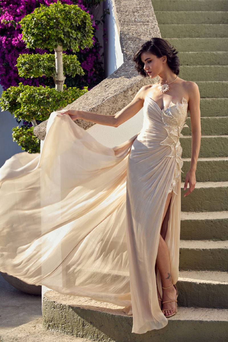 Ömür Inn Kadın Straplez Pul - Payet İşlemeli Uzun Abiye Elbise 6812 Şampanya - Ömür Inn