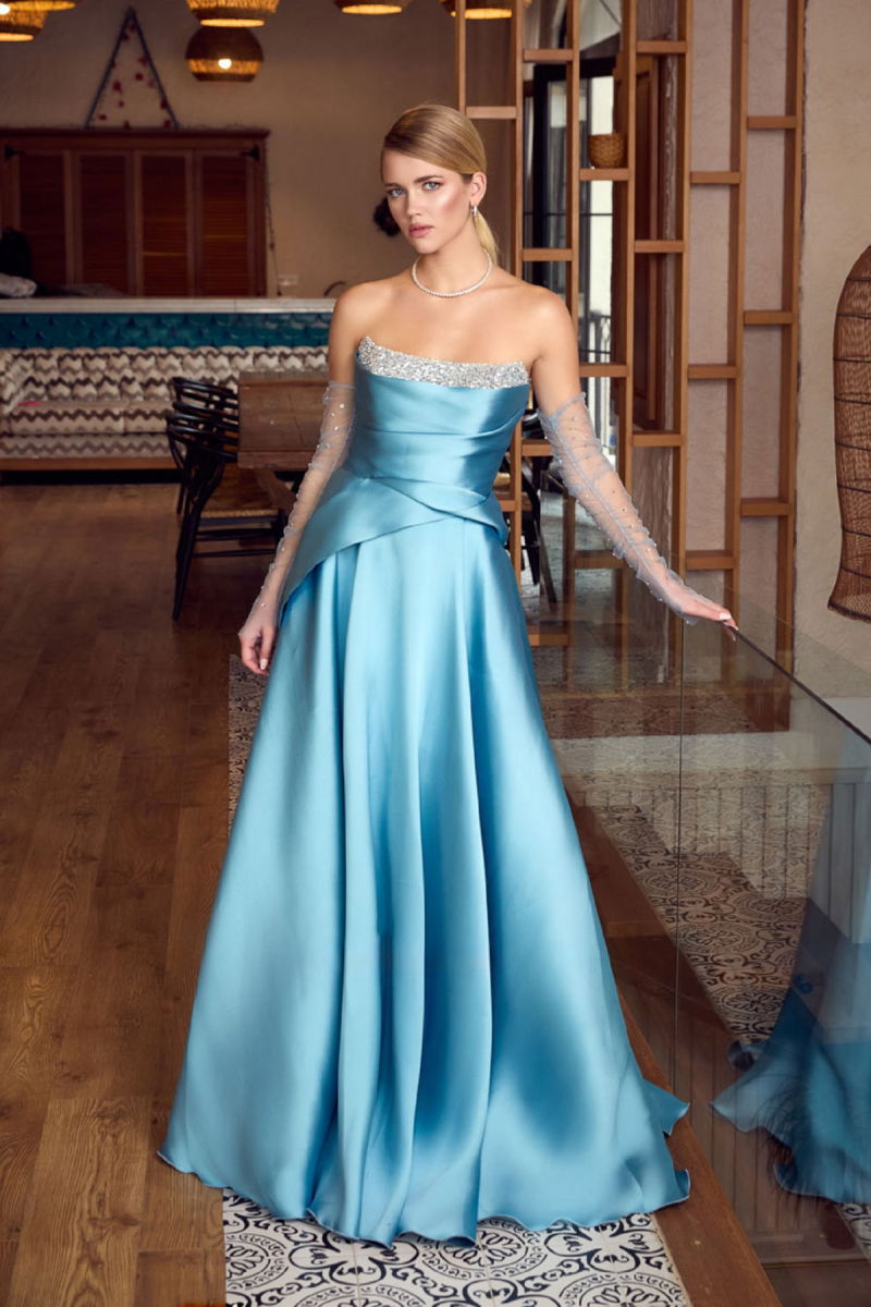 Ömür Inn Kadın Straplez Seyyar Kol Detaylı Uzun Abiye Elbise 6734 Turkuaz - Ömür Inn