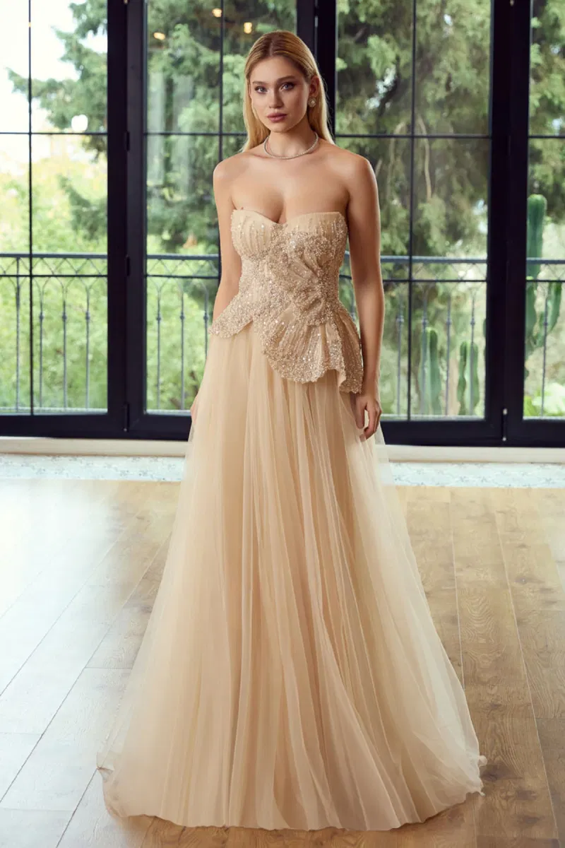 Ömür Inn Kadın Straplez Taş ve Boncuk İşlemeli Uzun Abiye Elbise 6702 Latte - Ömür Inn