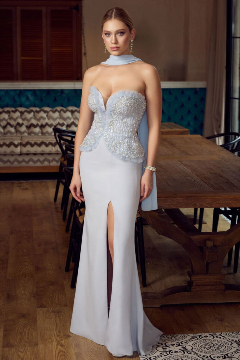 Ömür Inn Kadın Straplez Taş ve Payet İşlemeli Şal Detaylı Balık Form Abiye Elbise 6790 Buz Mavi - Ömür Inn