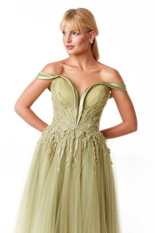 Ömür Inn Kadın Yakası Saten Detaylı İşlemeli Tül Abiye Elbise 23620 Küf Yeşili - 1