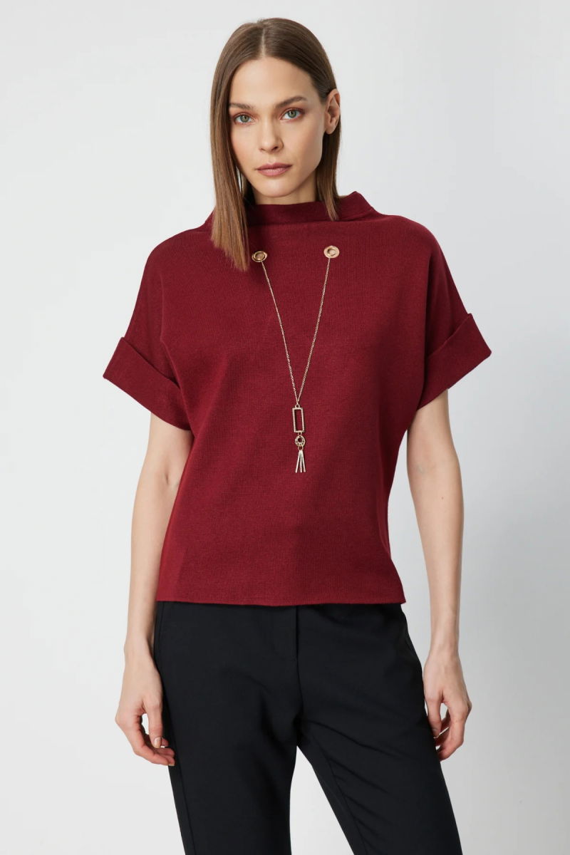 On Kadın Aksesuar Detaylı Dik Yaka Triko Kazak 65340 Bordo - On