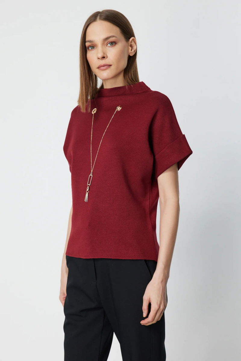 On Kadın Aksesuar Detaylı Dik Yaka Triko Kazak 65340 Bordo - 2
