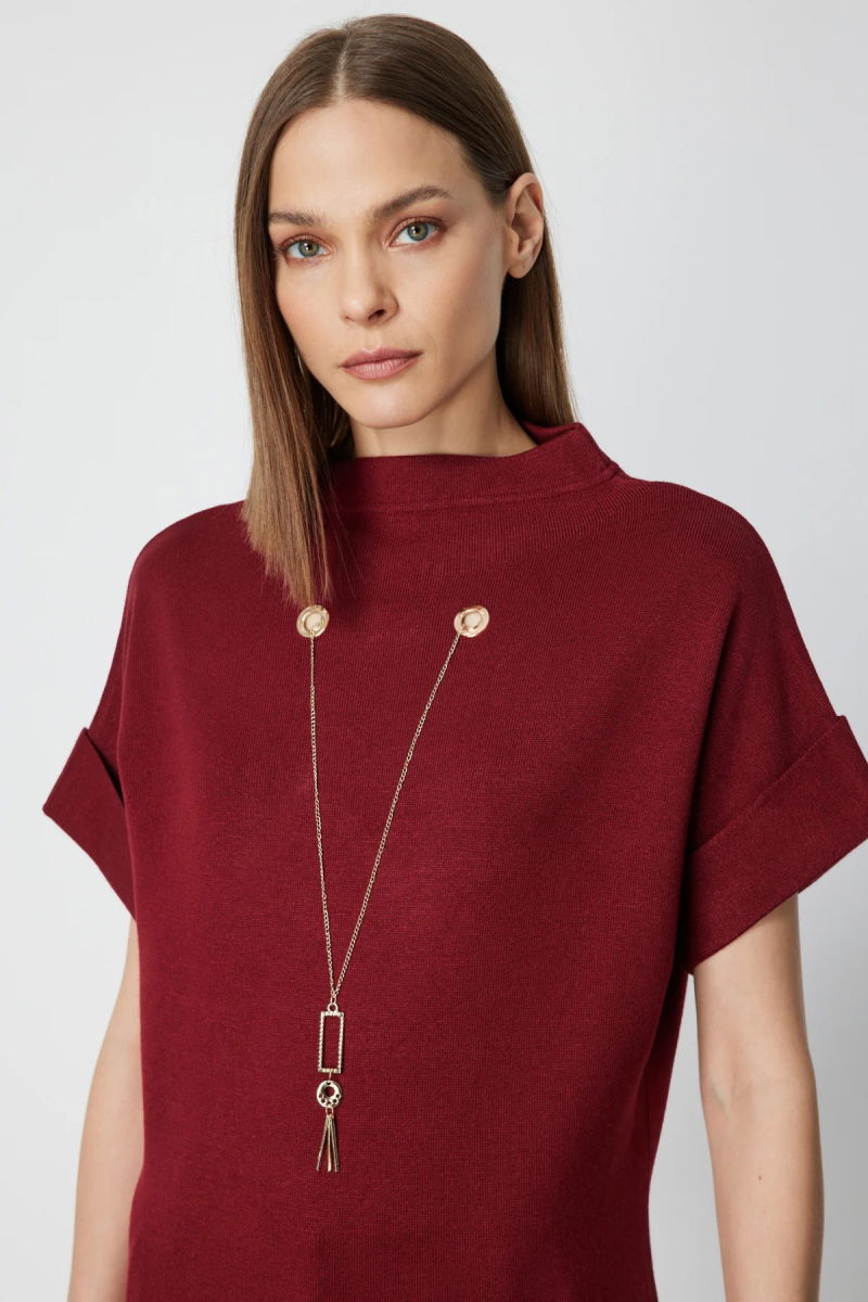 On Kadın Aksesuar Detaylı Dik Yaka Triko Kazak 65340 Bordo - 3
