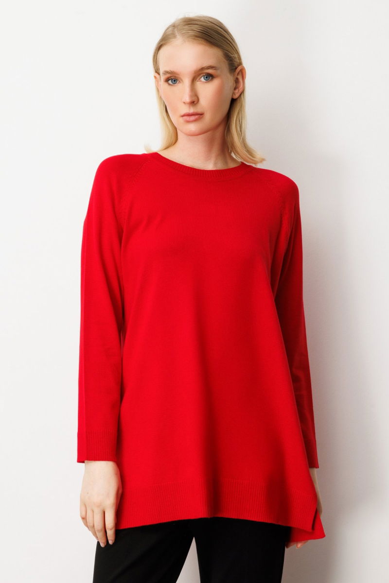 On Kadın Arkası Düğmeli Sıfır Yaka Kazak 65413 Kırmızı - On