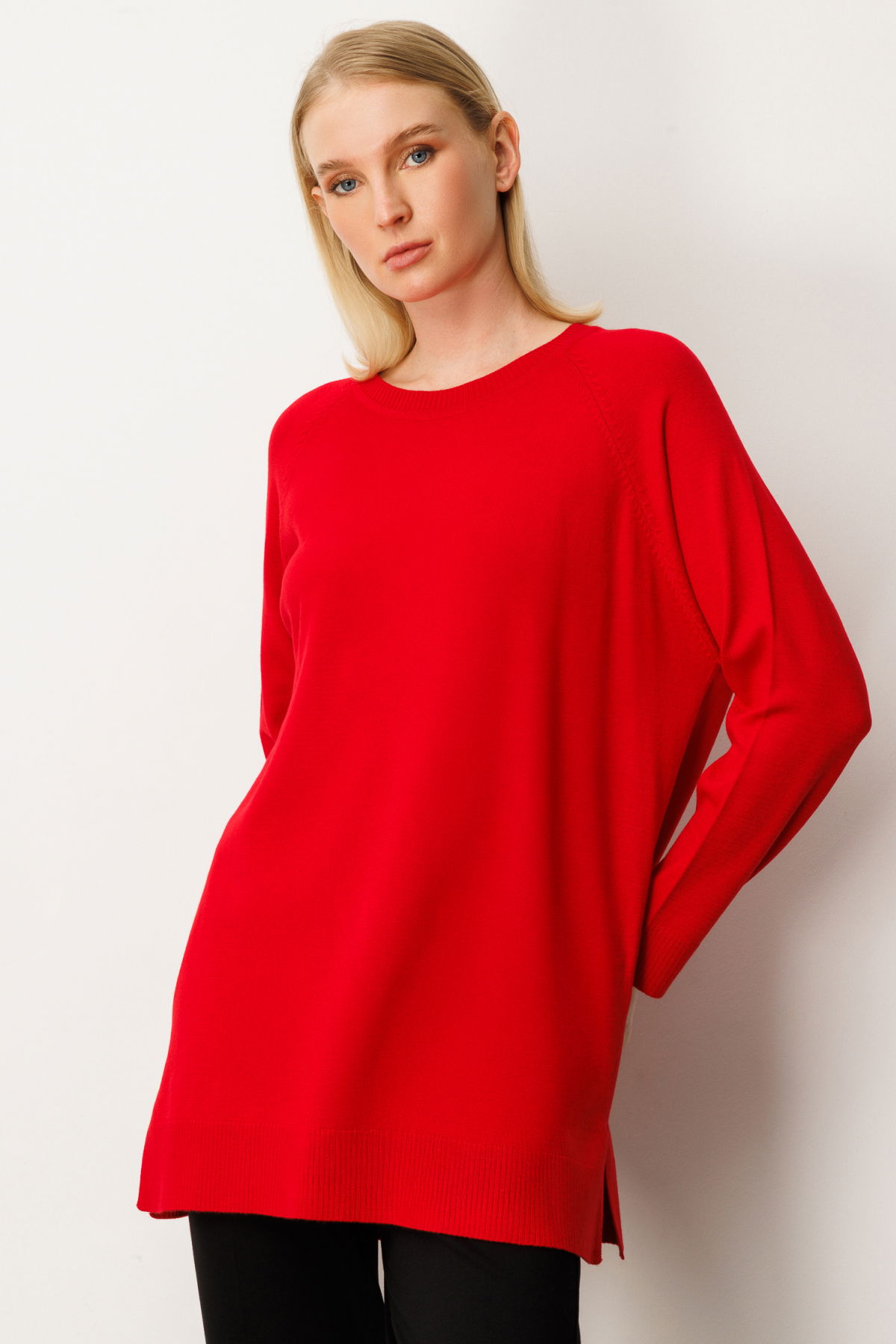 On Kadın Arkası Düğmeli Sıfır Yaka Kazak 65413 Kırmızı - 2