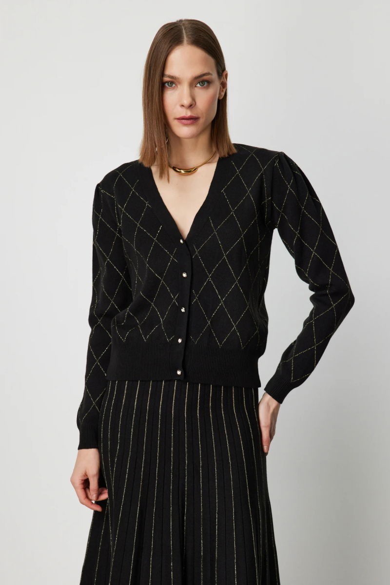 On Kadın Baklava Desenli V Yaka Hırka 63913 Siyah - On