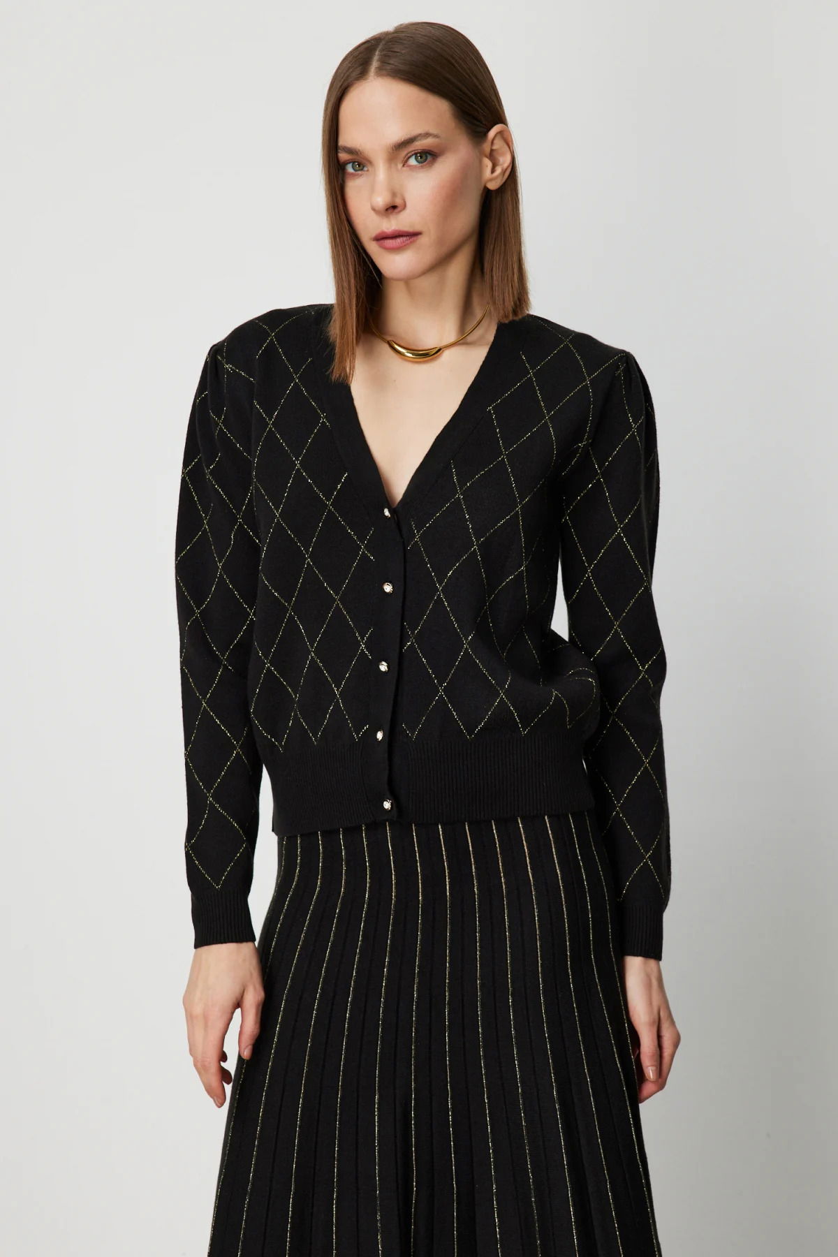 On Kadın Baklava Desenli V Yaka Hırka 63913 Siyah - 2