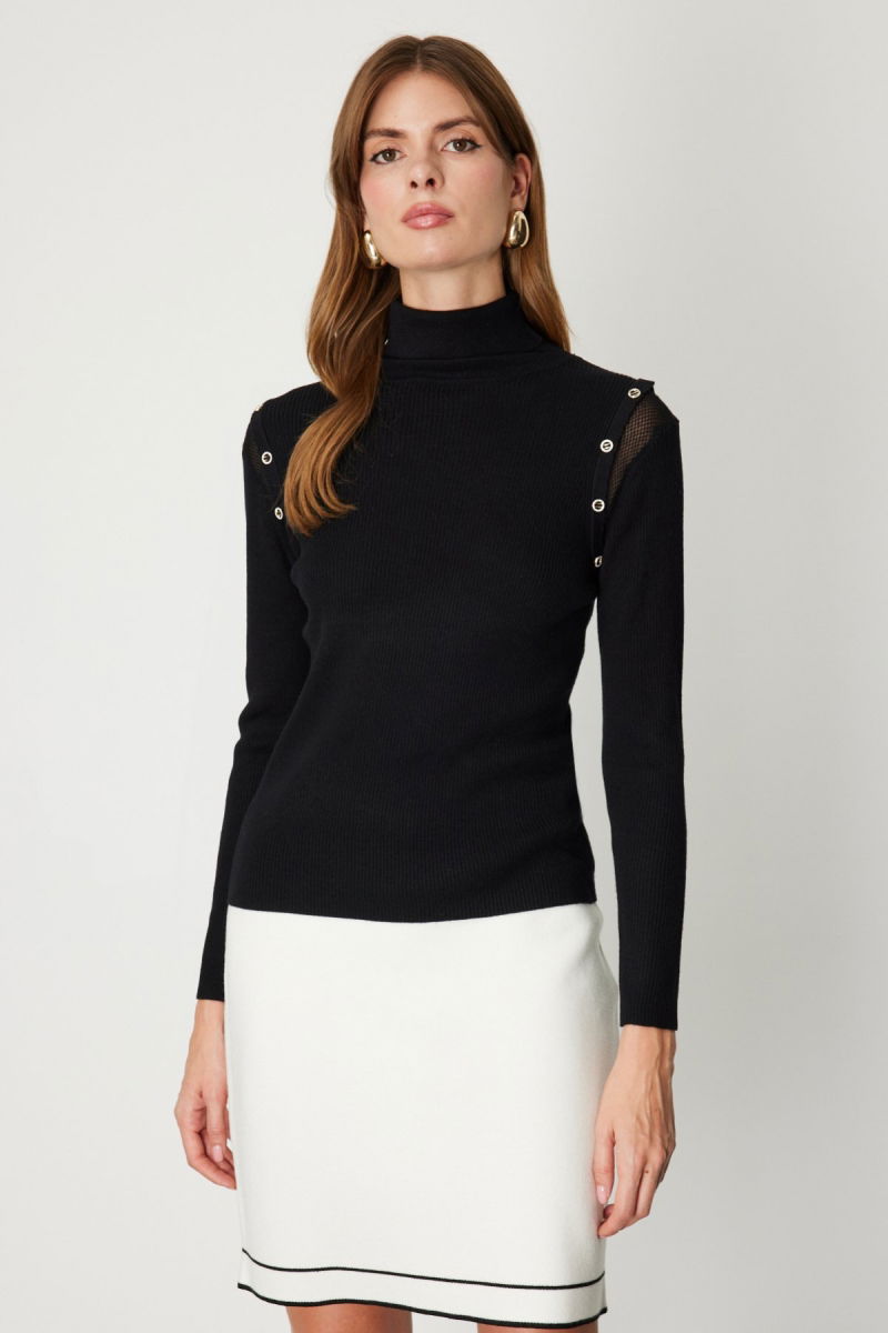 On Kadın Balıkçı Yaka Düğme Detaylı Triko Kazak 60414 Siyah - 2