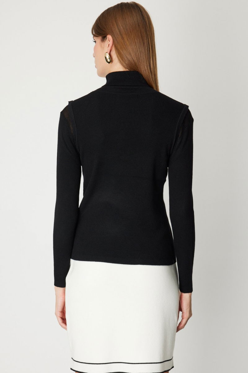On Kadın Balıkçı Yaka Düğme Detaylı Triko Kazak 60414 Siyah - 4