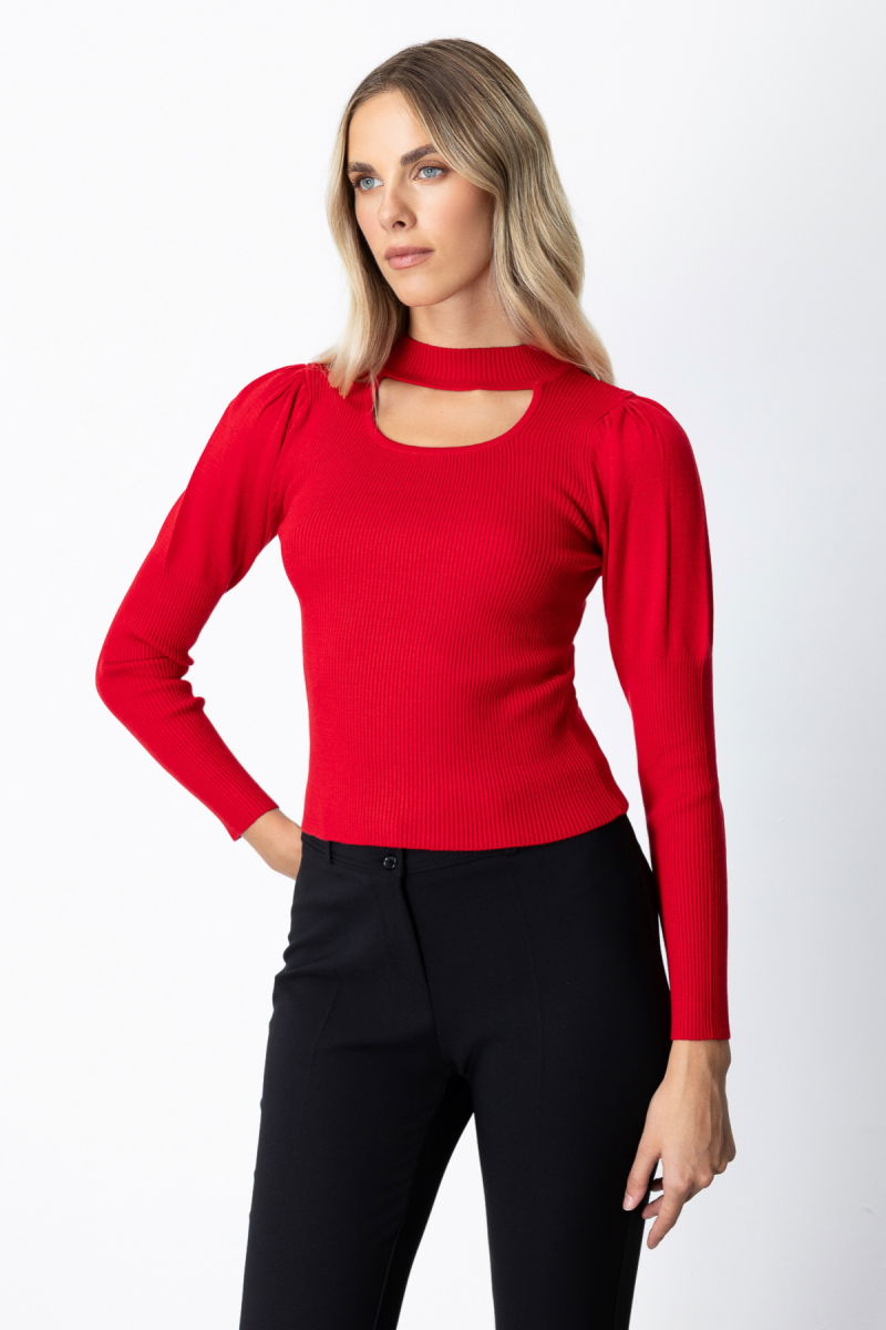 On Kadın Balon Kol Pencere Detaylı Kazak 65303 Kırmızı - 2