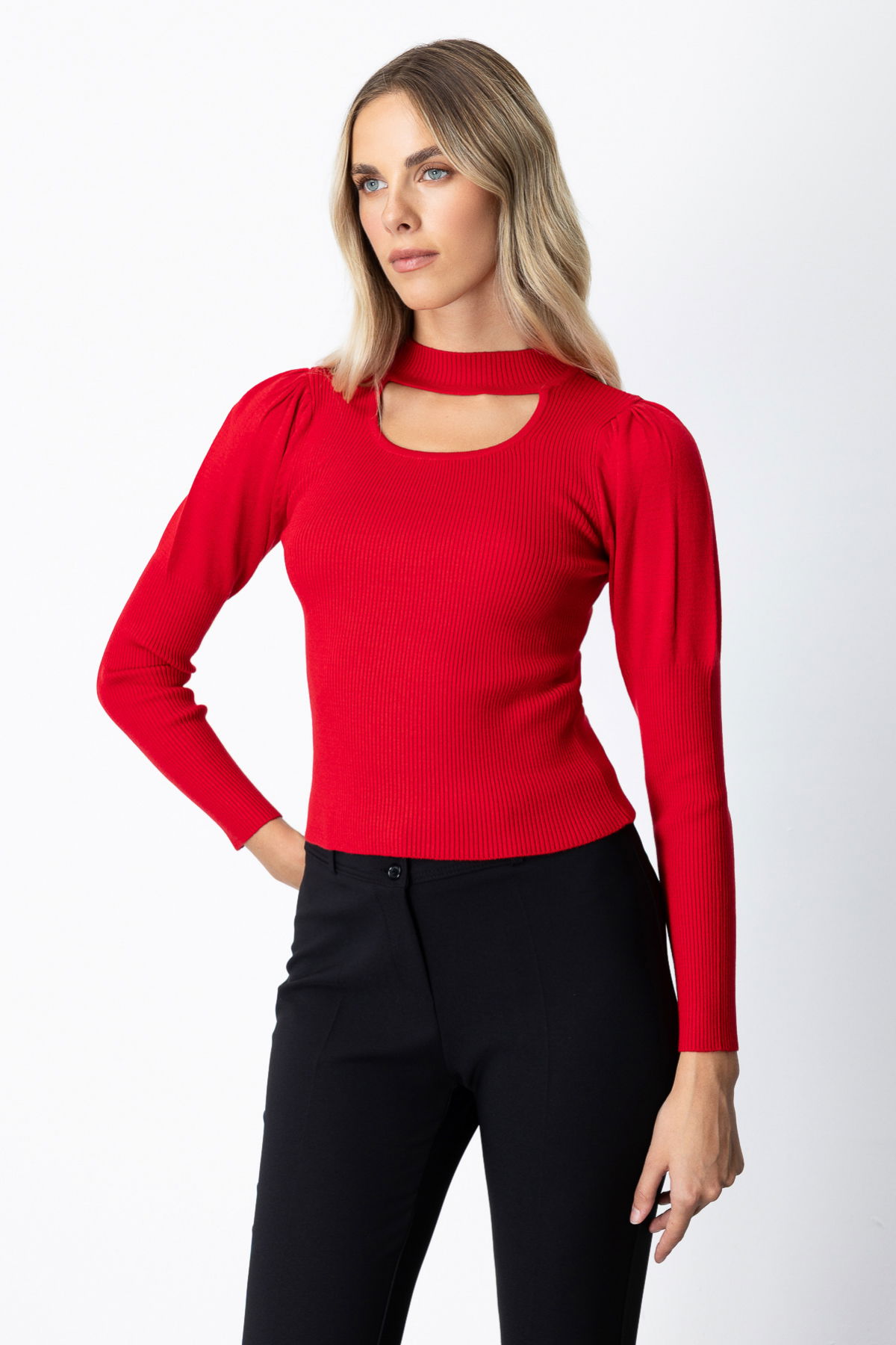 On Kadın Balon Kol Pencere Detaylı Kazak 65303 Kırmızı - 2