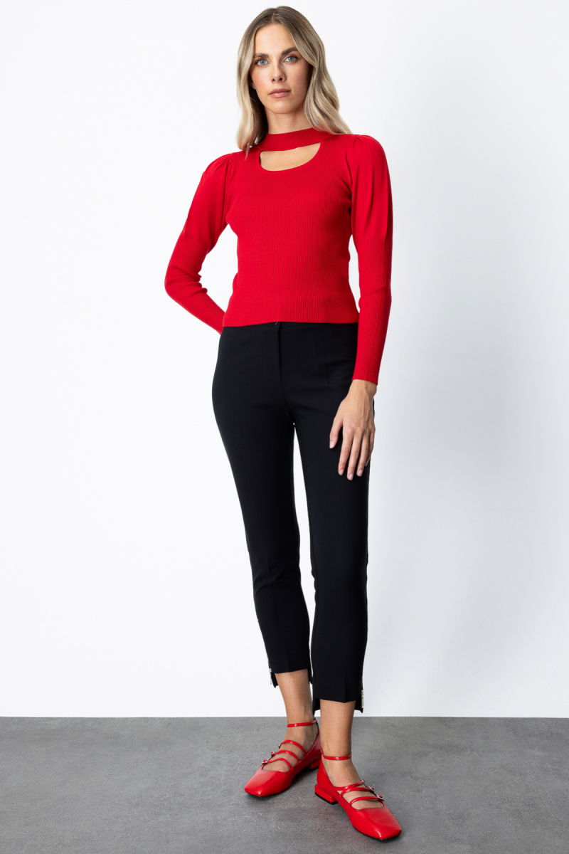 On Kadın Balon Kol Pencere Detaylı Kazak 65303 Kırmızı - 3