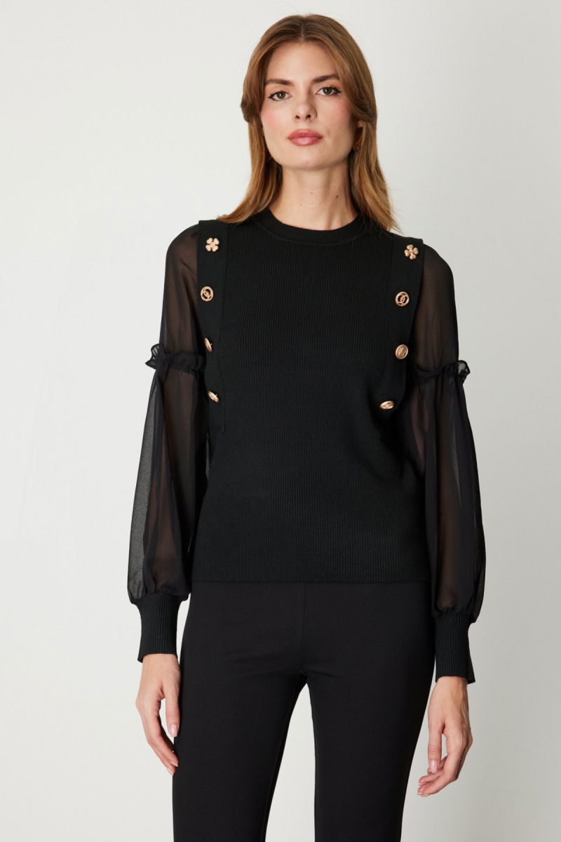 On Kadın Balon Kol Süs Düğmeli Triko Kazak 60416 Siyah - On