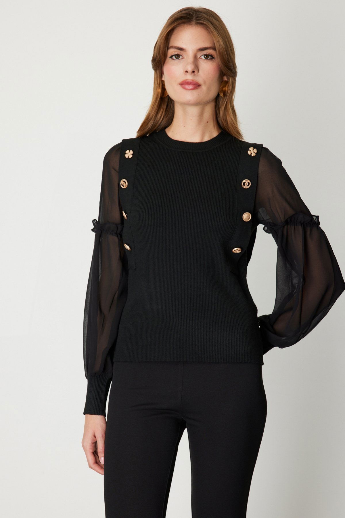 On Kadın Balon Kol Süs Düğmeli Triko Kazak 60416 Siyah - 2