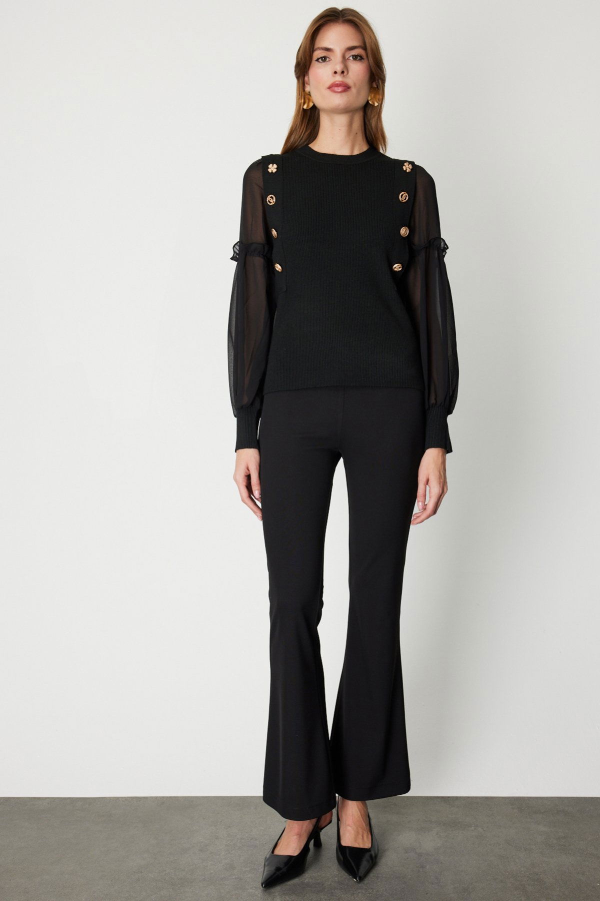 On Kadın Balon Kol Süs Düğmeli Triko Kazak 60416 Siyah - 3