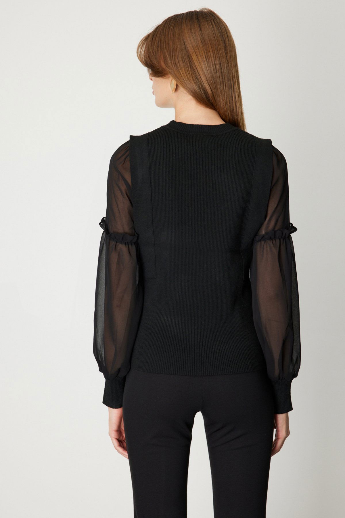 On Kadın Balon Kol Süs Düğmeli Triko Kazak 60416 Siyah - 4